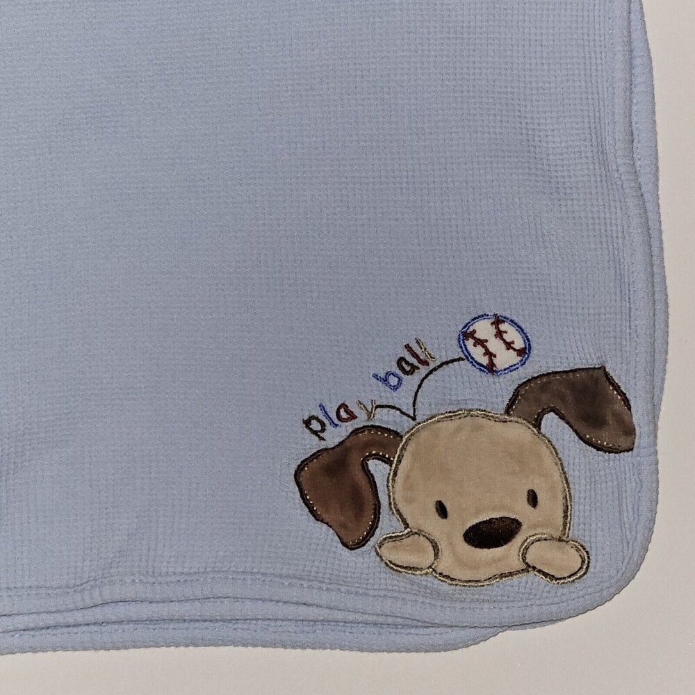 Just Born Play Ball Puppy Dog Baseball Blue Waffle Knit Thermal Baby Blanket